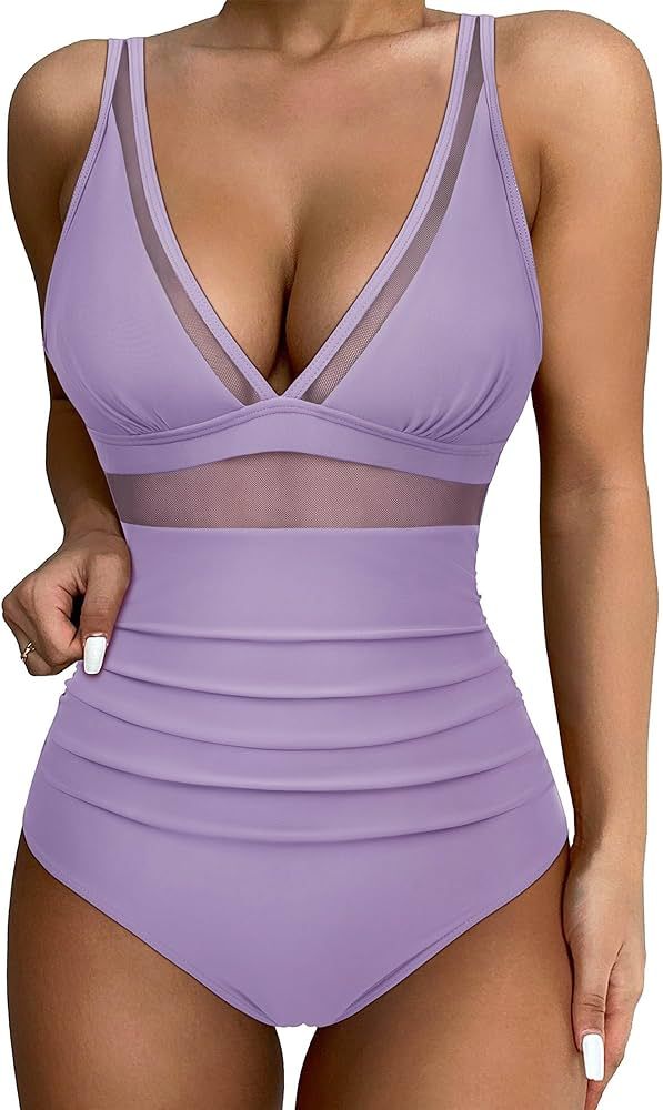 SUUKSESS Women Sexy Mesh Tummy Control Swimsuit Push Up High Waisted Bathing Suit | Amazon (US)