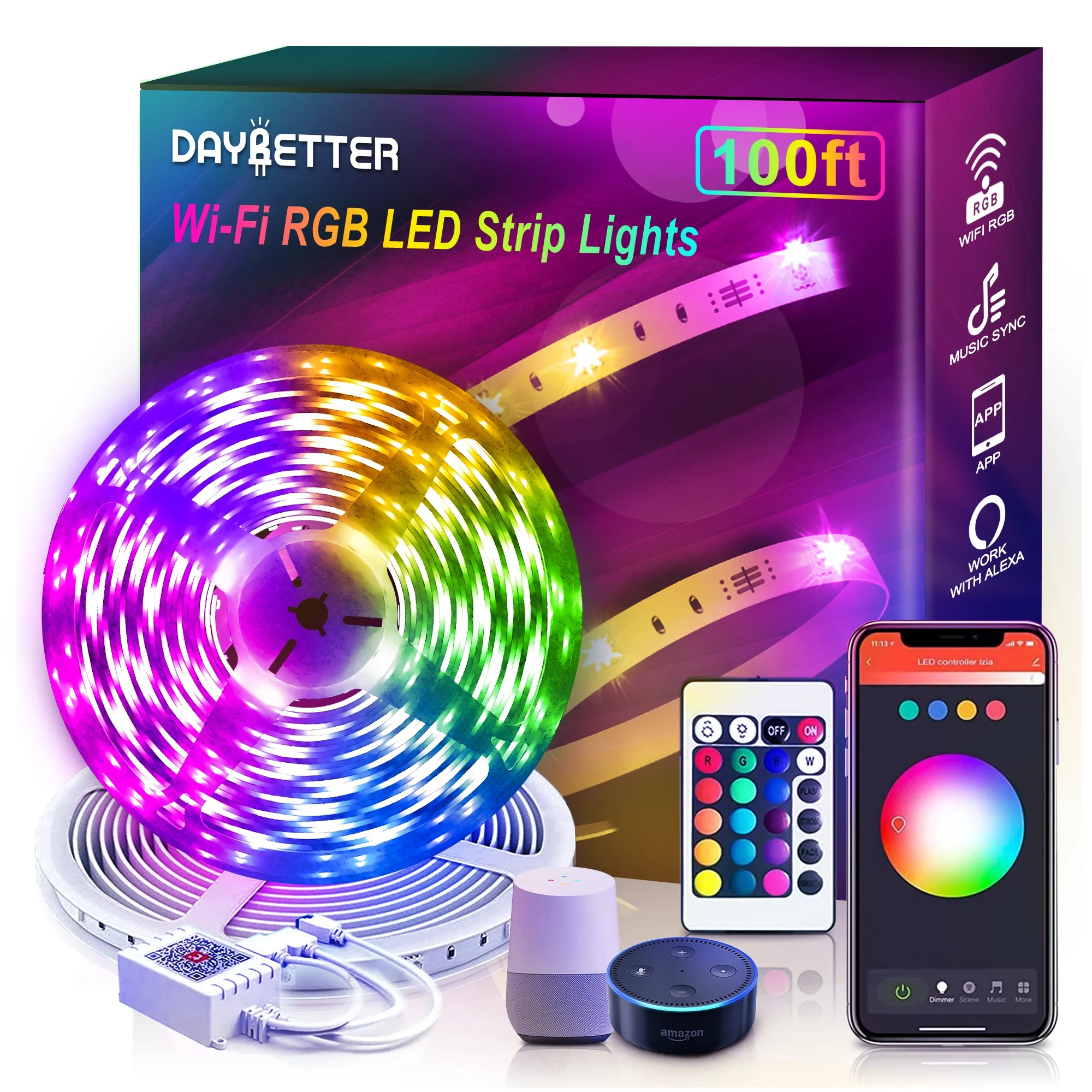 DAYBETTER 100ft LED Strip Lights for Bedroom,Alexa Led Light Strip,5050 RGB Color Changing Music ... | Walmart (US)