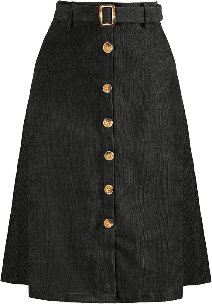 Women's High Waist Button Front A-Line Belted Corduroy Midi Skirt | Amazon (US)
