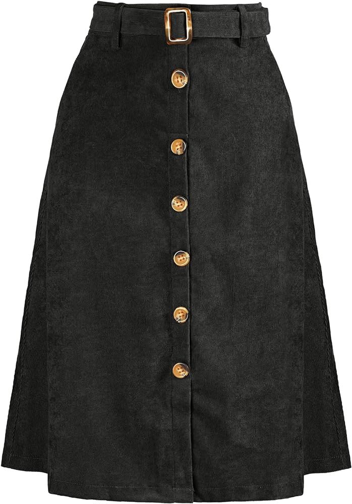 Women's High Waist Button Front A-Line Belted Corduroy Midi Skirt | Amazon (US)