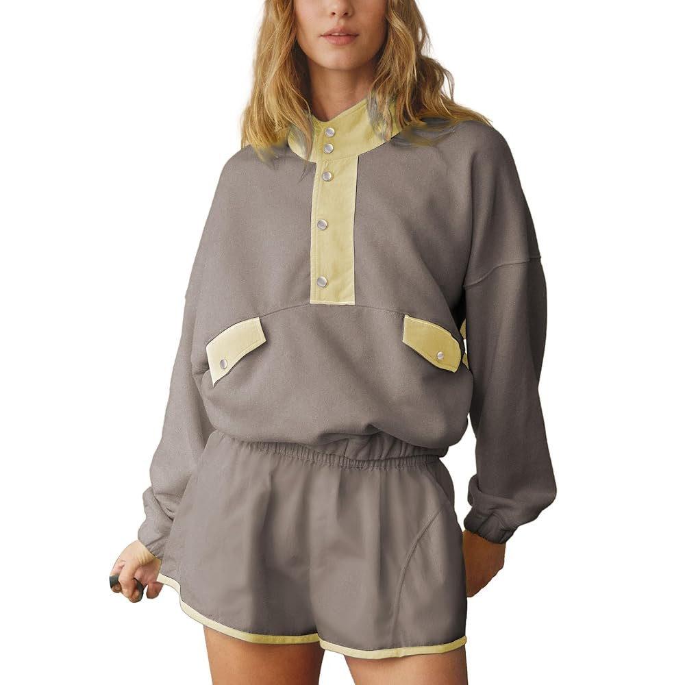 Workout Sets for Women Long Sleeve Half Button Pullover Elastic Waist Shorts Slouchy 2 Piece Set ... | Amazon (US)