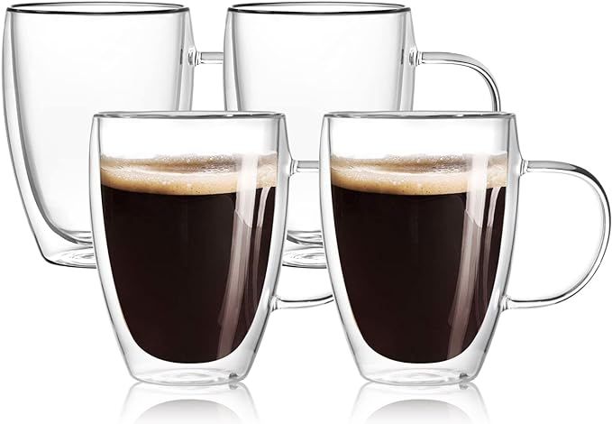 4-Pack 12 Oz Double Walled Glass Coffee Mugs with Handle,Insulated Layer Coffee Cups,Clear Borosi... | Amazon (US)
