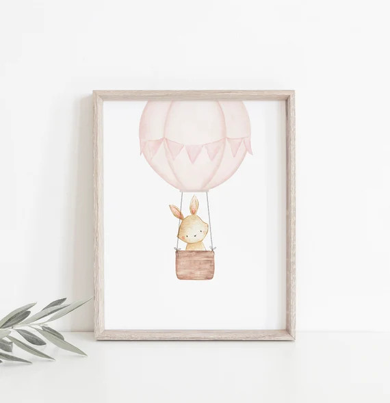 Blush Pink Hot Air Balloon Nursery Print, Bunny Print, Nursery Wall Art, Adventure, Baby Girl Nur... | Etsy (US)