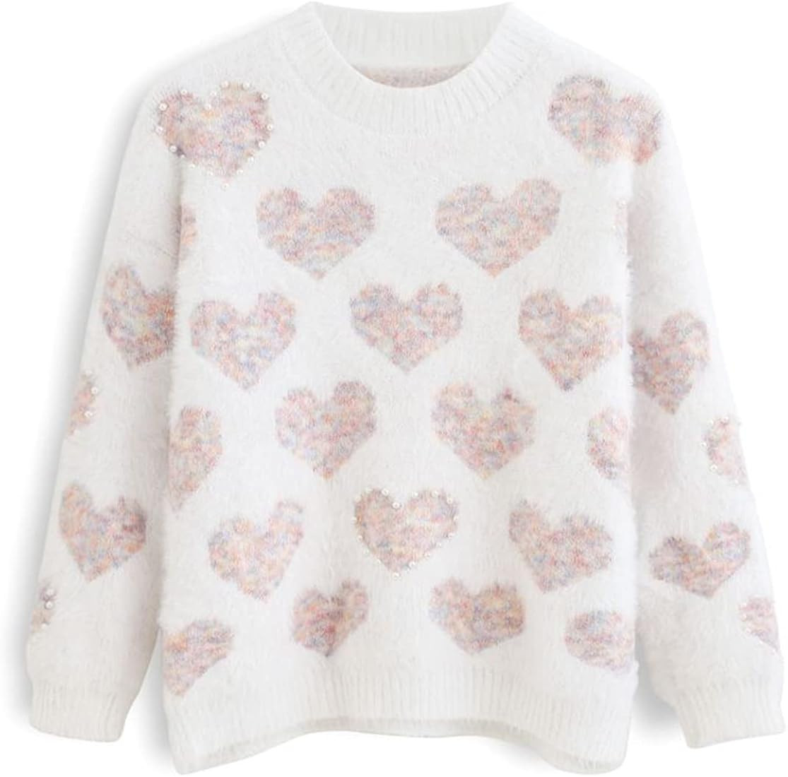 CHICWISH Women's Comfy Casual Pink Fuzzy Hearts Knit Sweater Pullover Sweatershirt | Amazon (US)