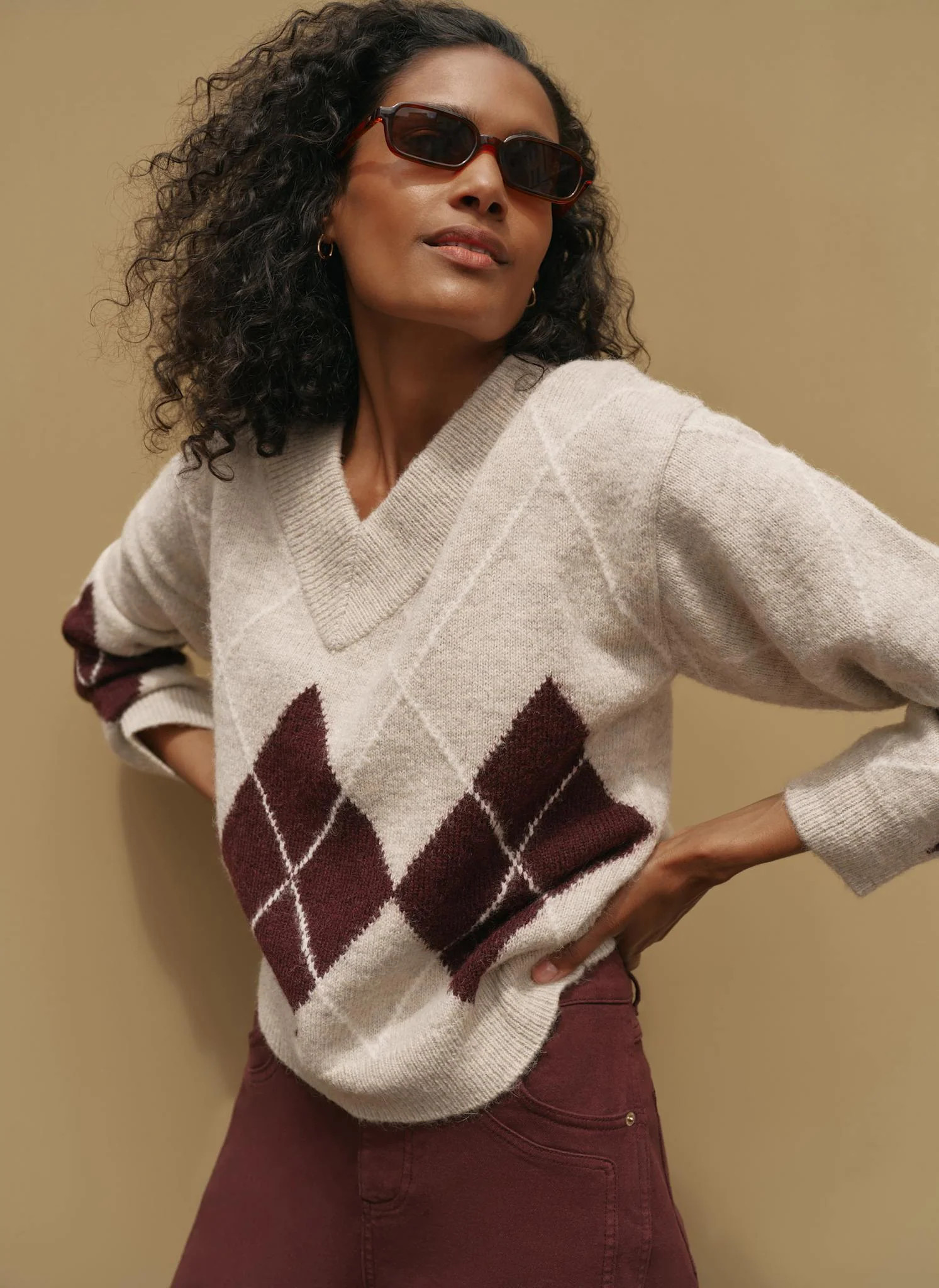 Neutral Argyle Knit Jumper | Mint Velvet - UK