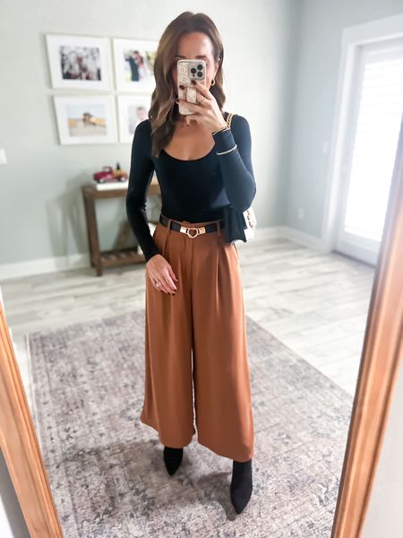 Business casual outfit. Work outfit. Church outfit. Fall outfit. Holiday outfit. Favorite Amazon bodysuit brand in XS. Skims inspired. Favorite Amazon wide leg trousers in XS short. Target booties (TTS). Tory Burch Eleanor bag. 

#LTKHoliday #LTKitbag #LTKworkwear