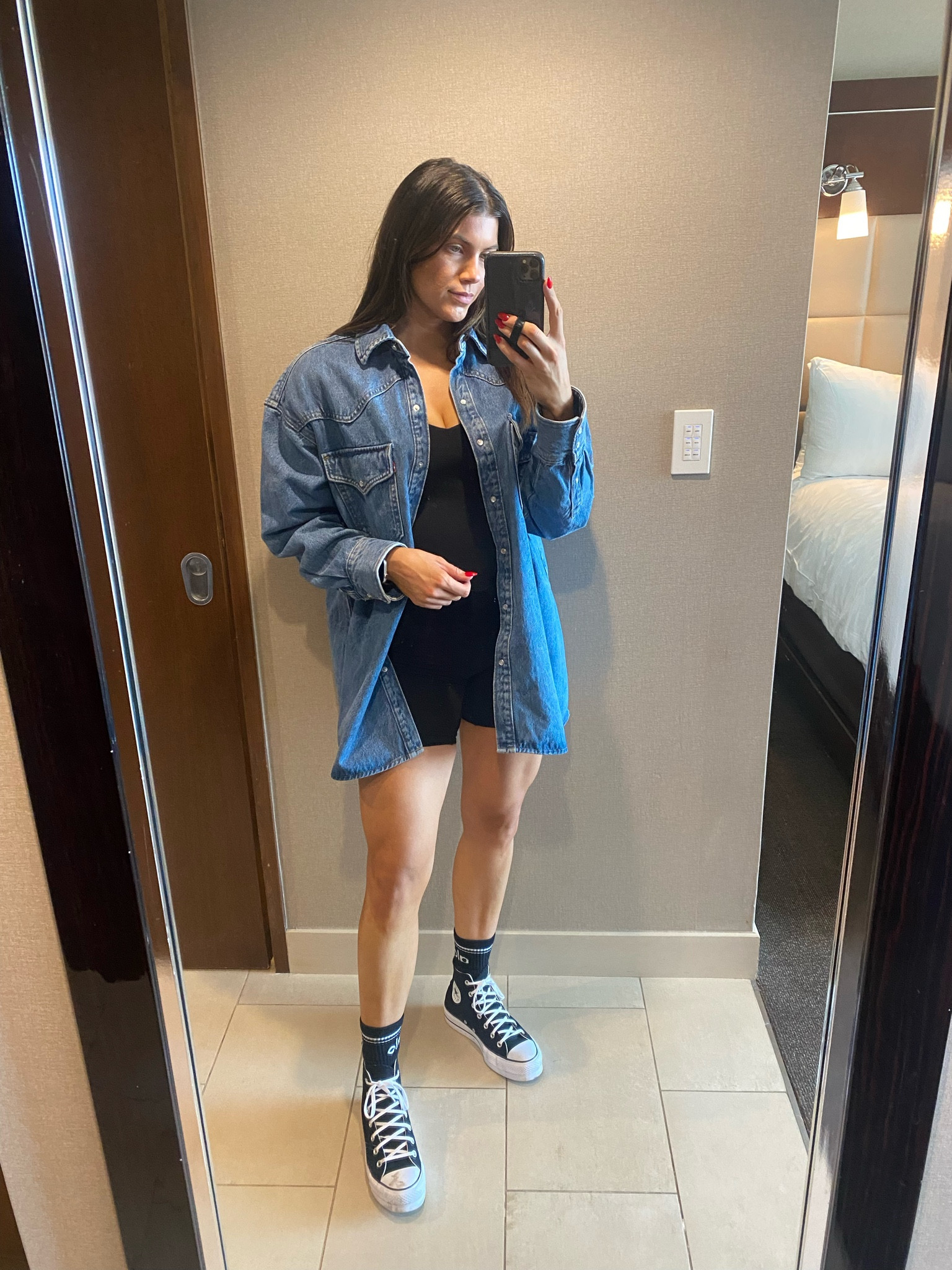 Travel outfit 
Bodysuit, oversized denim jacket 


#LTKtravel #LTKstyletip #LTKsalealert