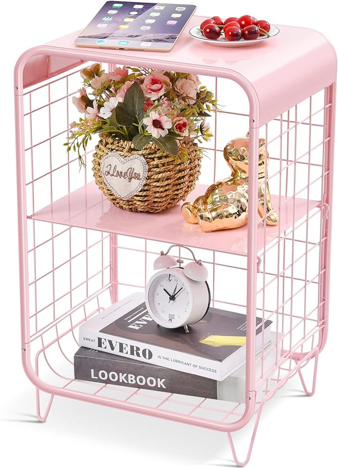 APEXCHASER Cute Pink Nightstand,Metal Side Table,3 Tier End Table with Storage,Vintage Bedside Ta... | Amazon (US)