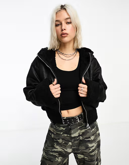 COLLUSION faux suede short aviator jacket in black | ASOS (Global)