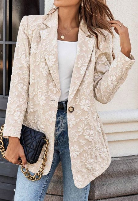 Single Breasted Blossom Embossed Jacquard Blazer | Chicwish