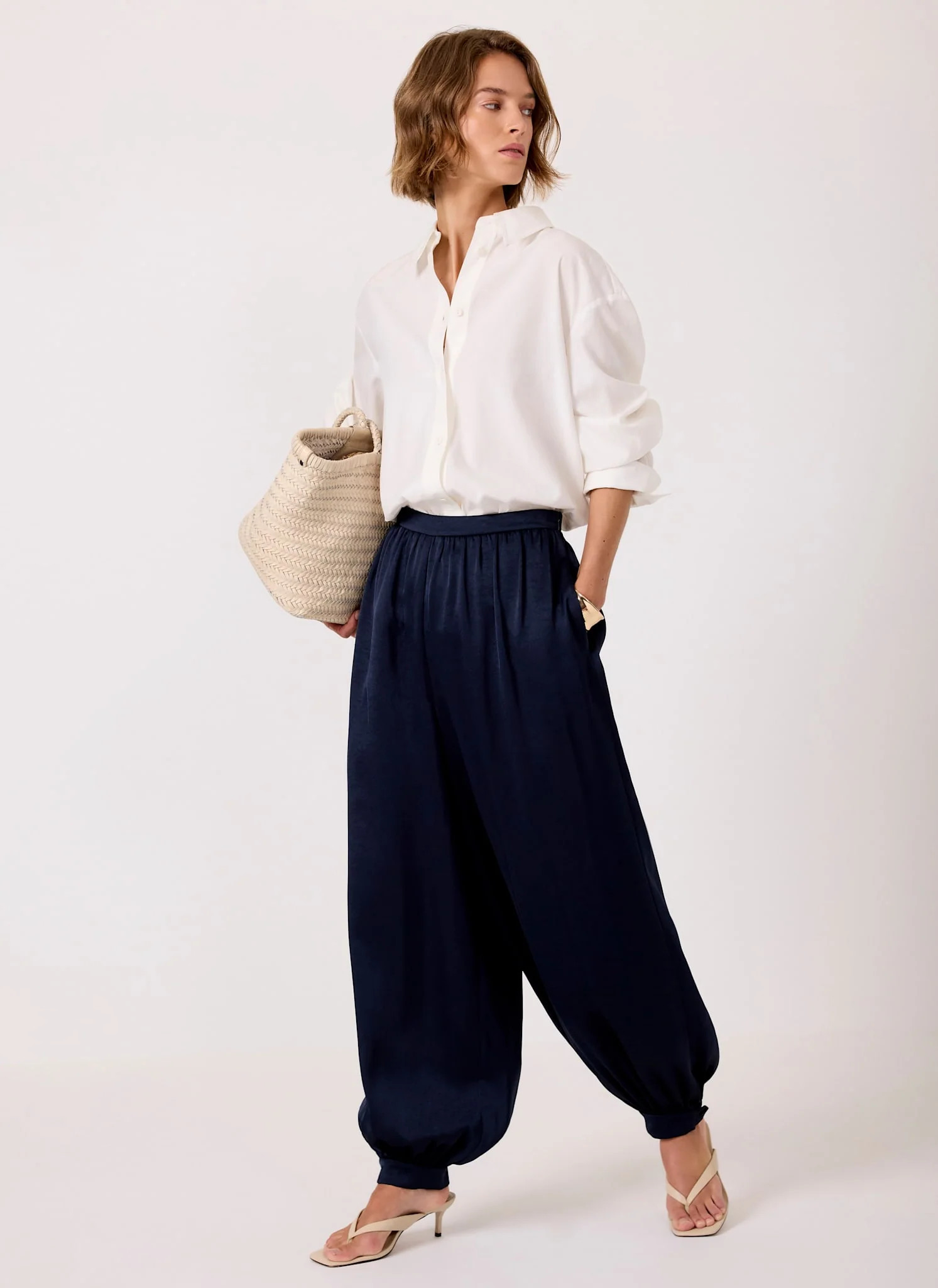Navy Satin Balloon Trousers | Mint Velvet