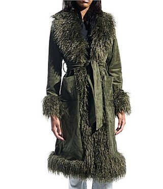 Azalea Wang Gilda Olive Faux Sherpa Collared Belted Oversize Trench Coat - L | Dillard's