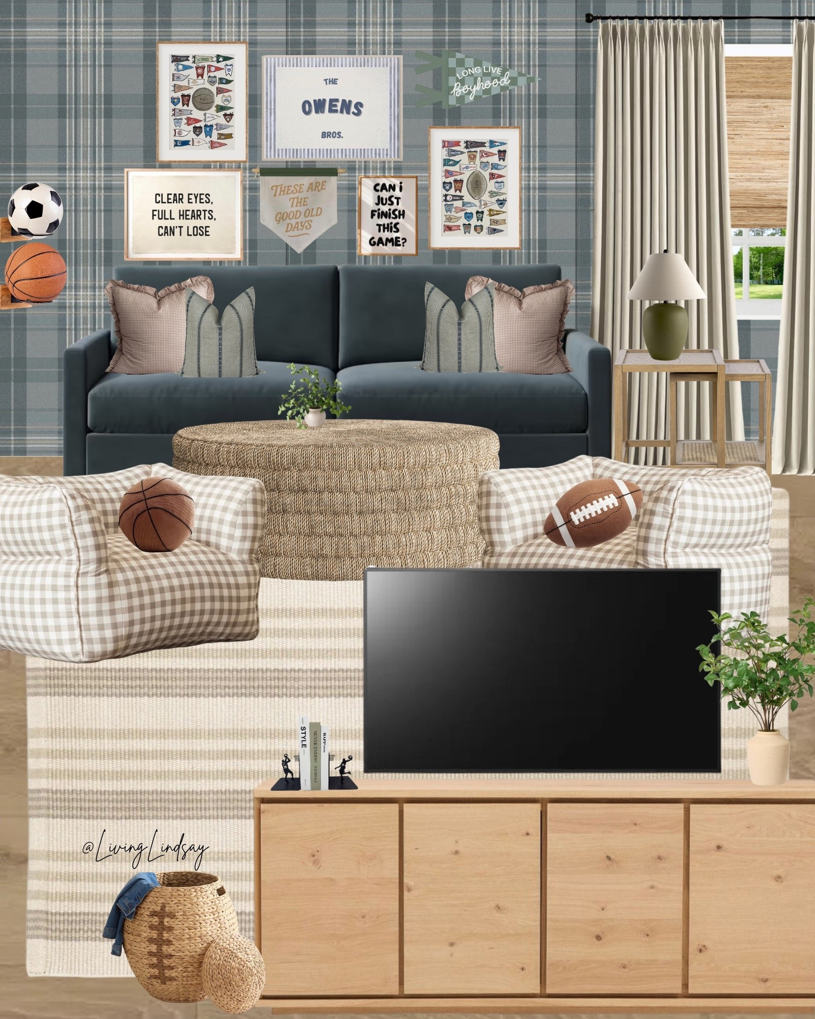 cozy game room decor, kids game room ideas, playroom seating, bean bag chairs for kids, gingham chairs neutral, family room design, basement game room, kids lounge seating, neutral playroom decor, blue plaid wallpaper room, media console styling, large tv living room setup, cozy family movie night space, affordable home decor finds, walmart home decor, target home decor finds, wayfair furniture finds, neutral rug living room, woven basket decor, sports themed playroom, boys playroom ideas, casual cozy home style, layered neutral textures, modern traditional home decor, kid friendly living room design

#LTKHome #LTKmomlife #LTKKids