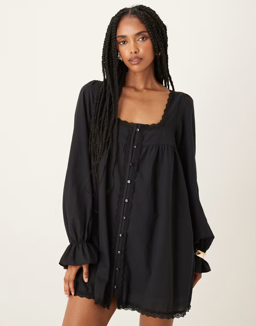ASOS DESIGN cotton lace trim long sleeve babydoll mini dress in black | ASOS (Global)