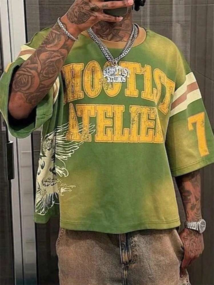 SHEIN Manfinity Dauomo Men's Summer Colorblock Stripe & Letter Print T-Shirt | SHEIN