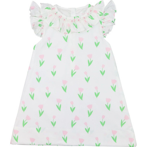 Pink And Green Tulip Print Dress With Smocked Collar | Cecil and Lou
