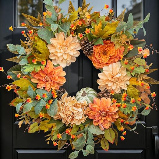 24 Inch Harvest Fall Wreaths for Front Door Outside with Dahlia & Pumpkins | Autumn Wreath with P... | Amazon (US)