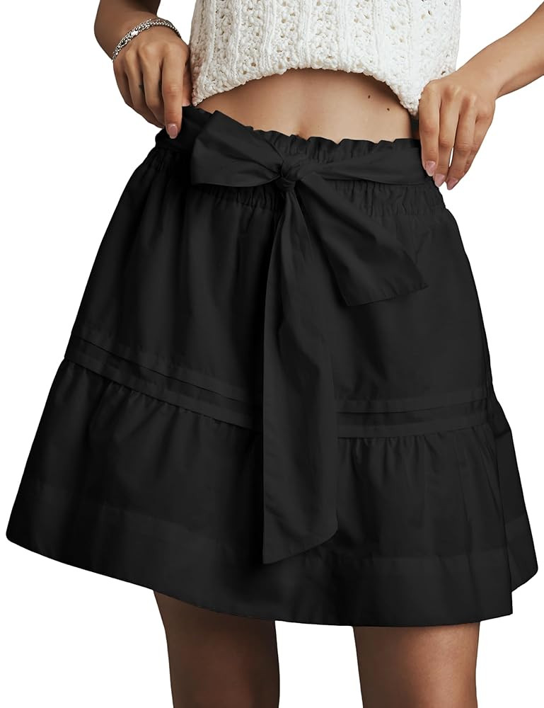 Women's Summer Ruffle Mini Skirts Elastic Waist Tiered A Line Casual Beach Boho Flowy Short Skirt | Amazon (US)