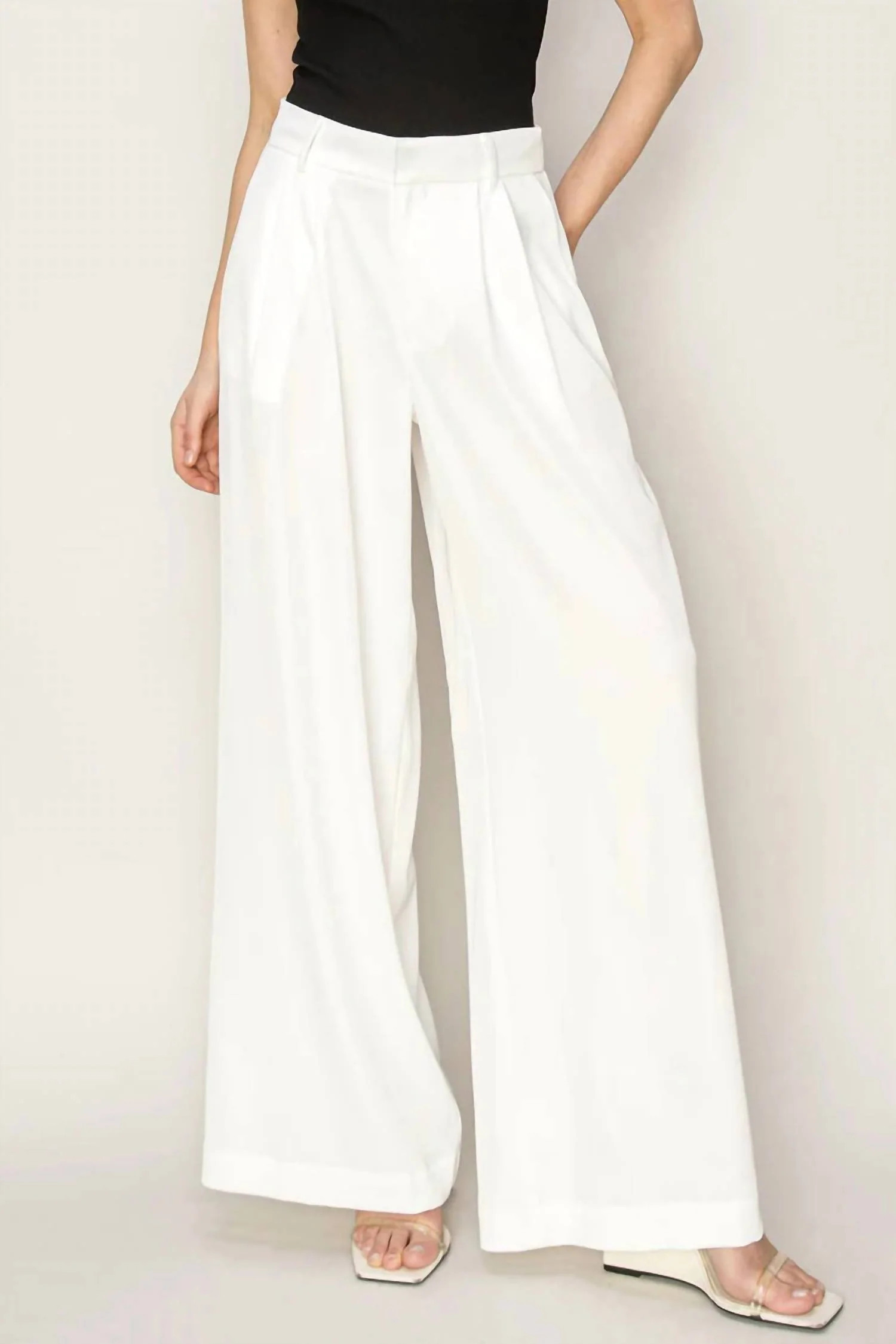 High Waist Pleated Wide Leg Pants In Off White | Shop Simon