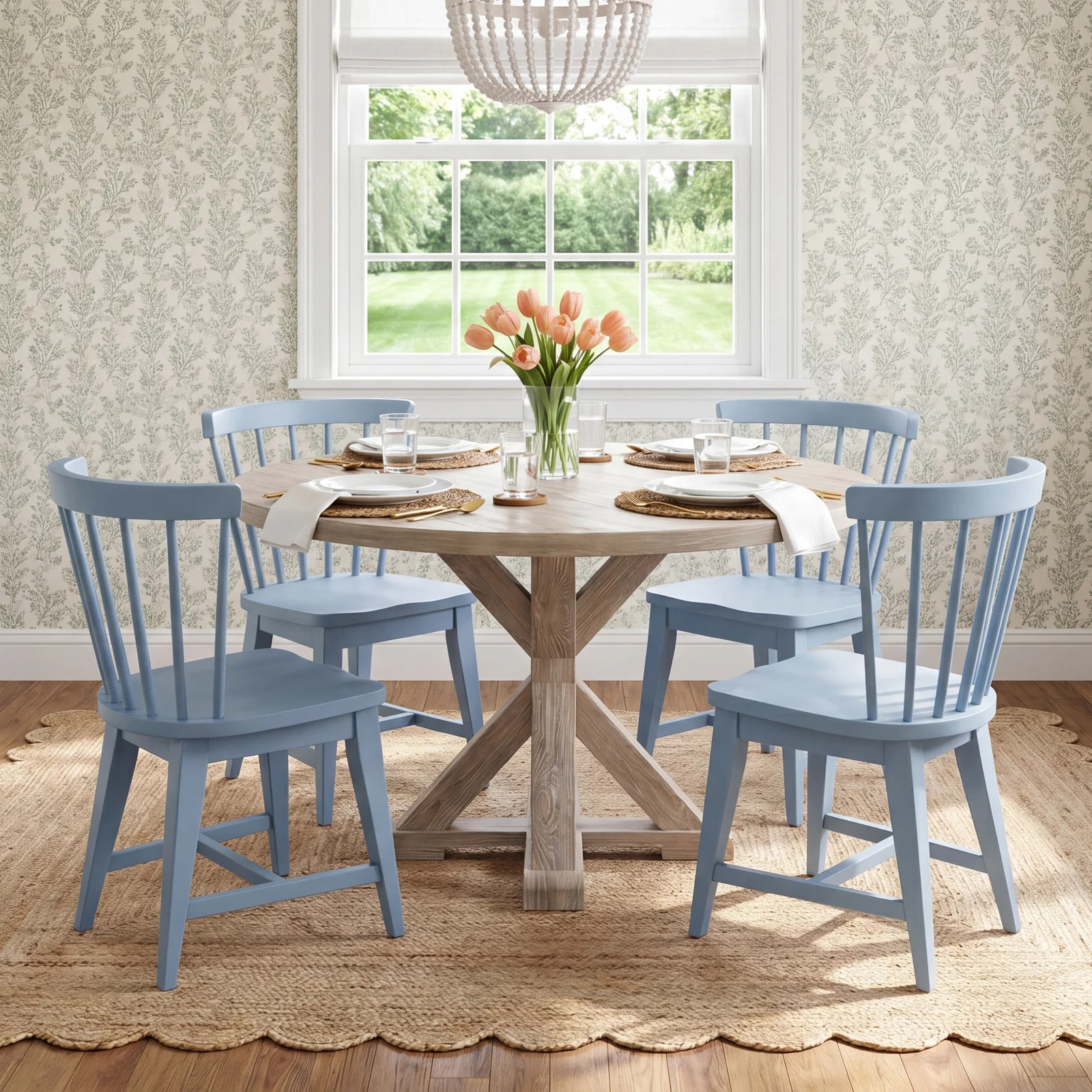 Lana Round Dining Table Set With Blue Wooden Side Chairs | Birch Lane