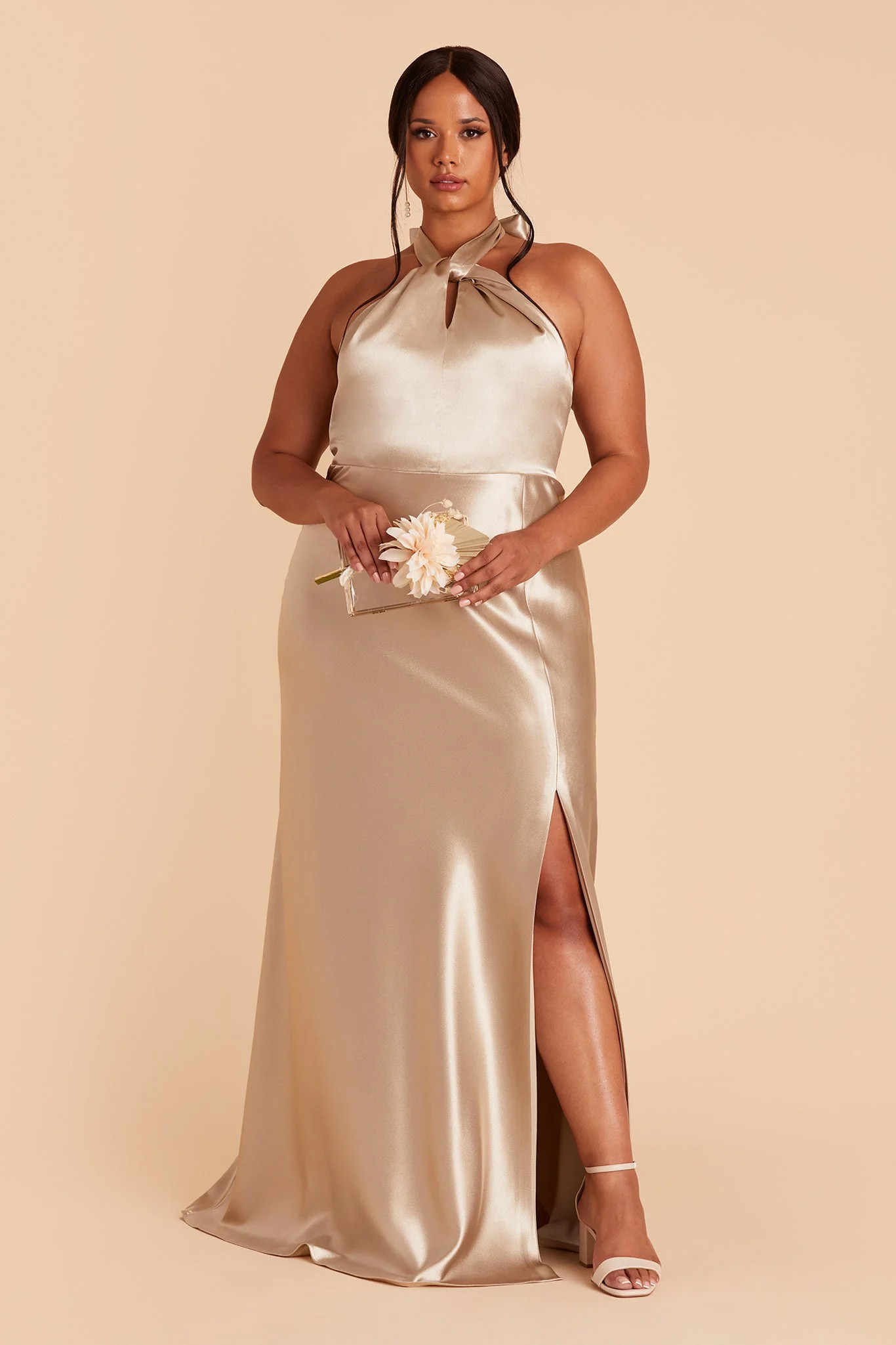 Monica Shiny Satin Dress - Neutral Champagne | Birdy Grey