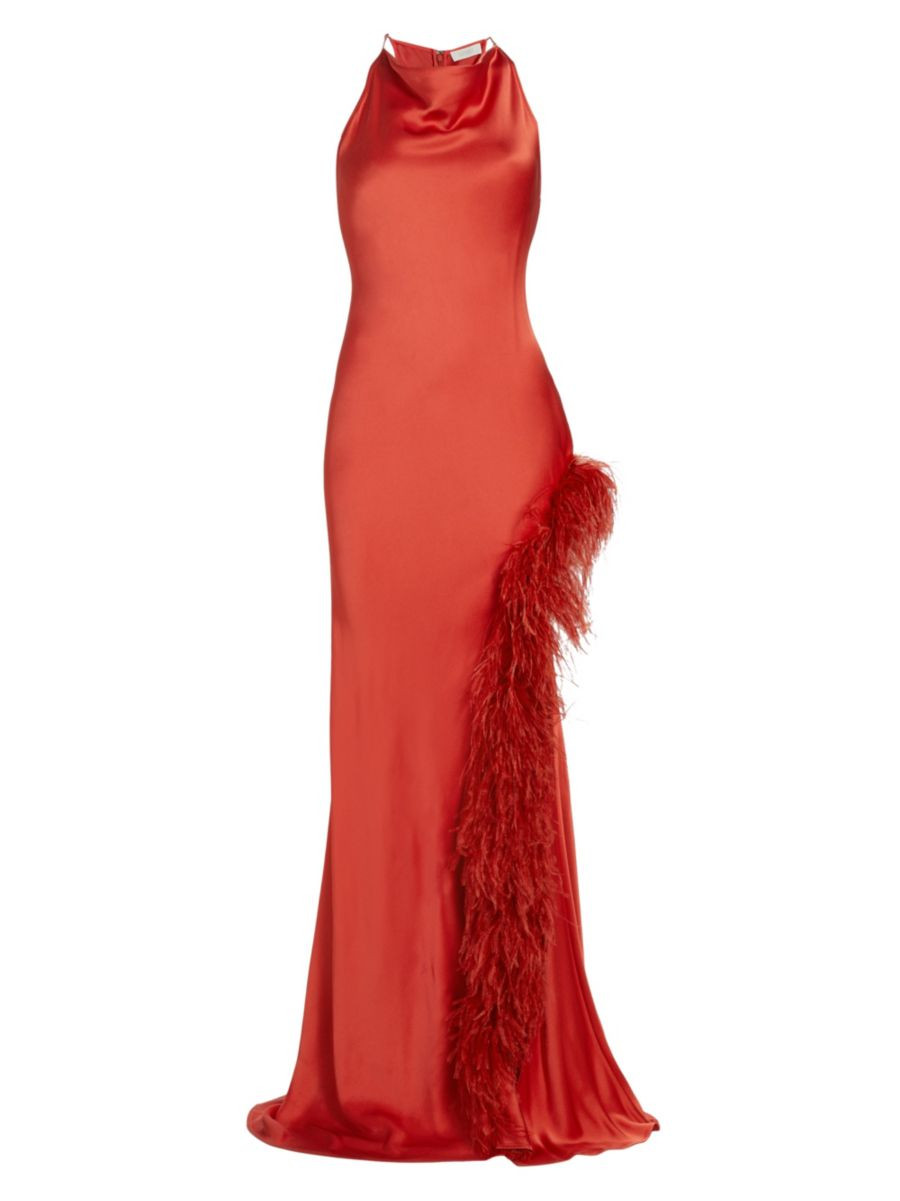 Feather-Trimmed Satin Halter Gown | Saks Fifth Avenue