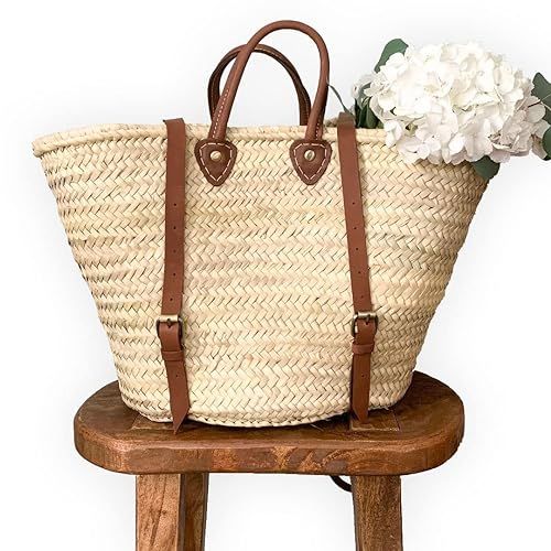 French basket with leather strap, Straw backpack, Beach bag, Hipster backpack, | Amazon (US)