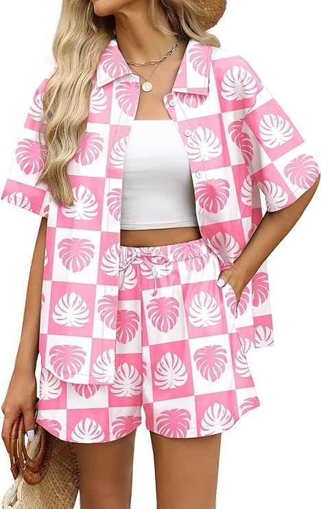 WIHOLL Women's Summer 2 Piece Outfits Short Sleeve Printed Lounge Sets Beach Vacation | Amazon (US)