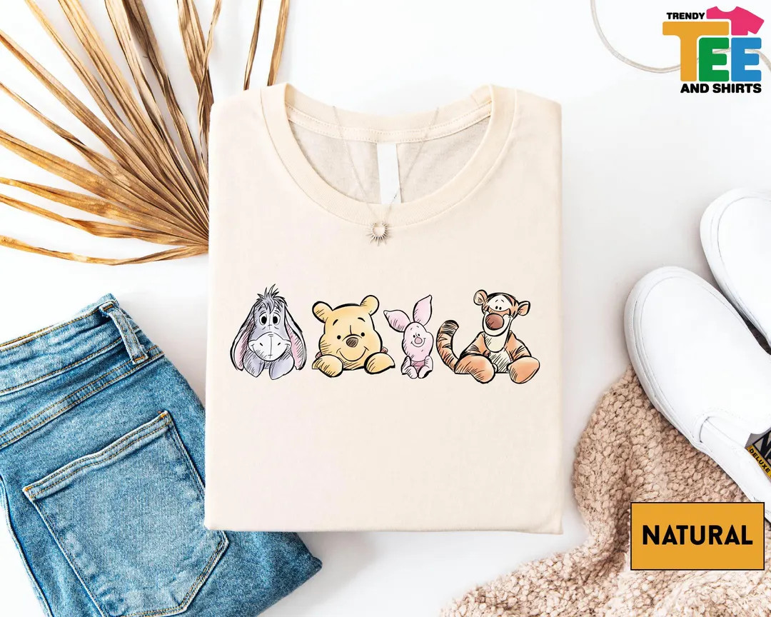 Winnie The Pooh Friends T-Shirt, Eeyore Pooh Piglet Tigger Cute Natural Tee, Disney Character Ske... | Etsy (US)