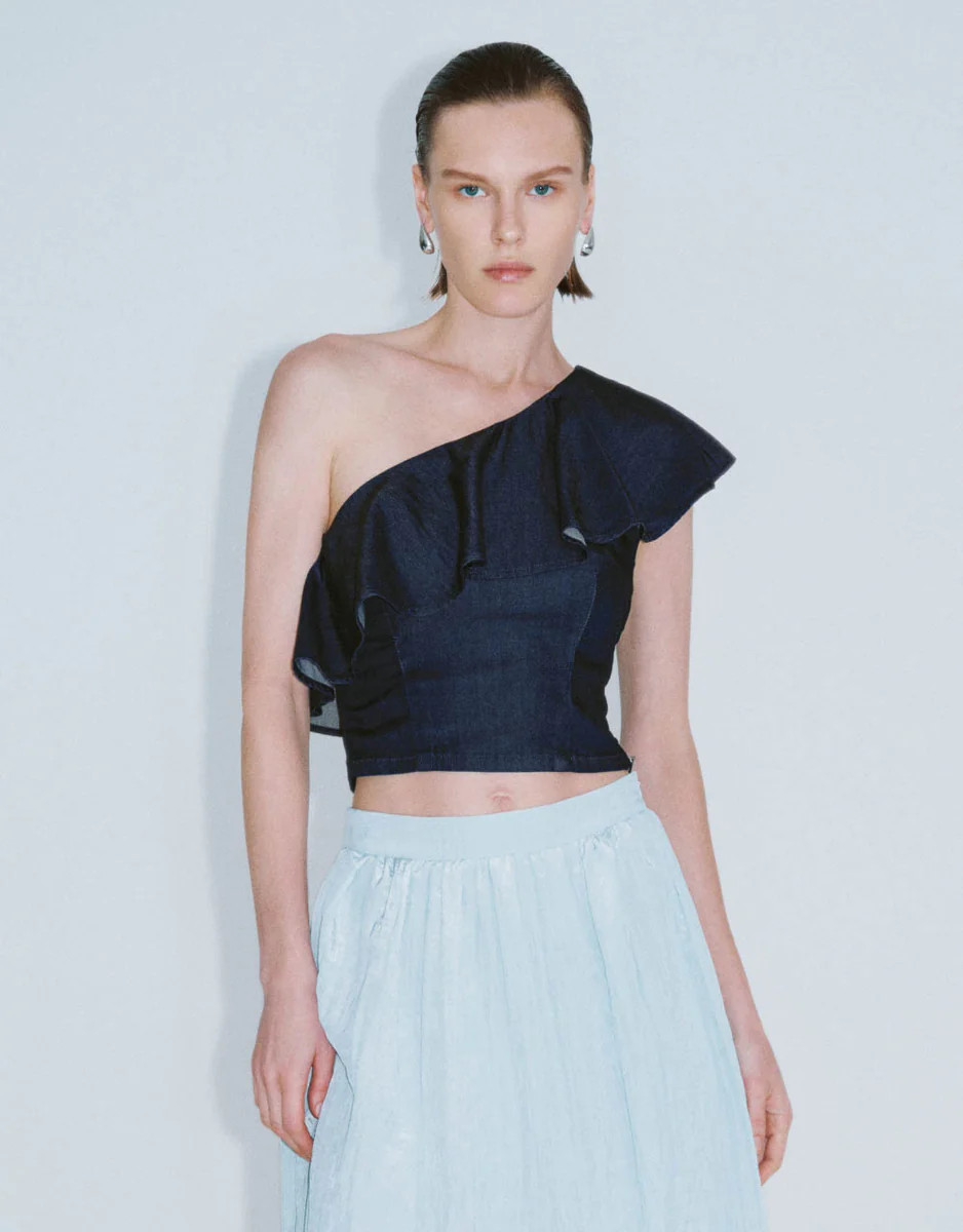 One Shoulder Ruffle Denim Shirt | Urban Revivo