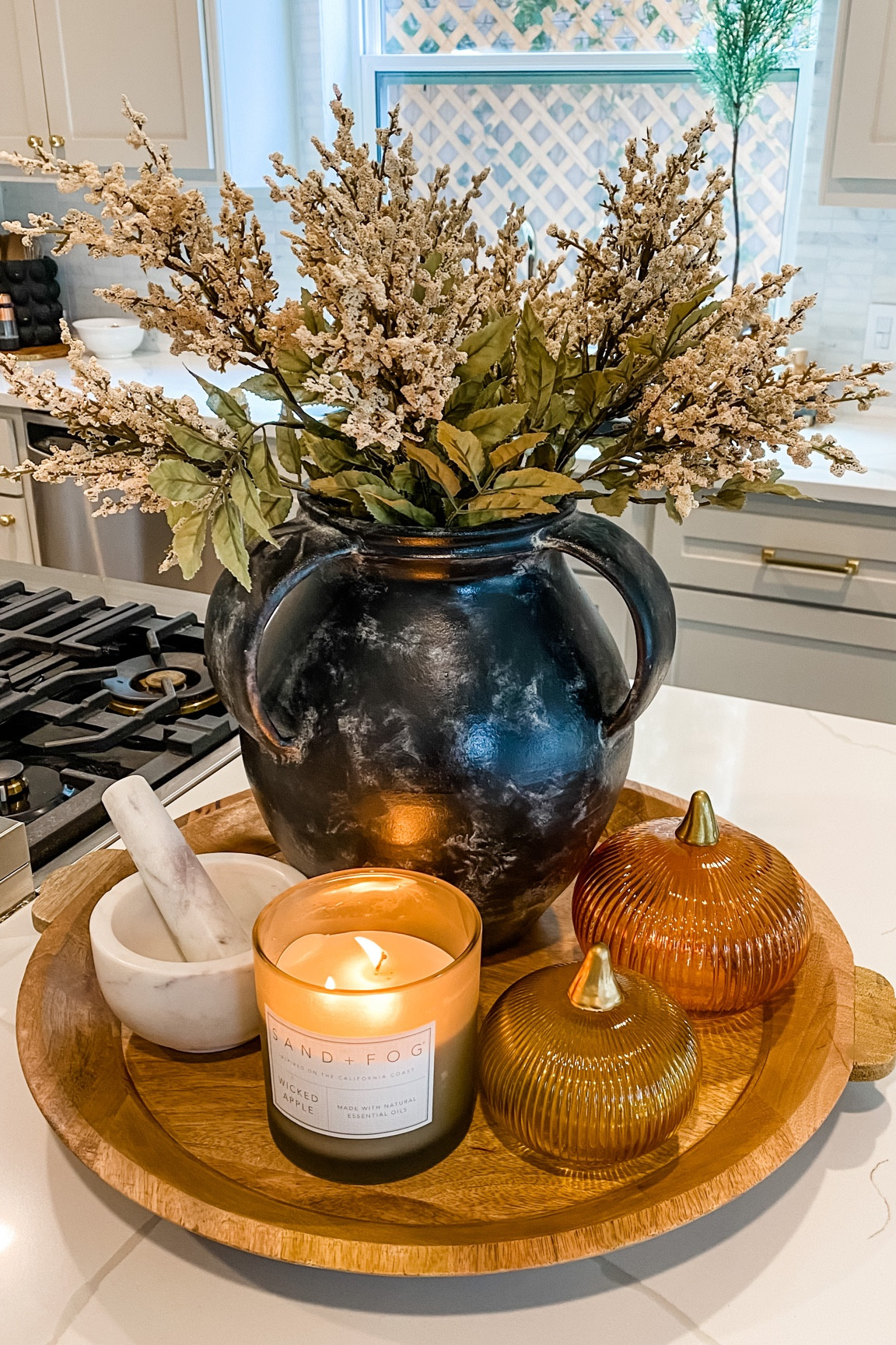 Fall kitchen styling. Autumn kitchen counter. Wooden tray. Black vase. Pumpkin decor. Glass pumpkin. Pumpkin decor. Target. Pottery barn. 