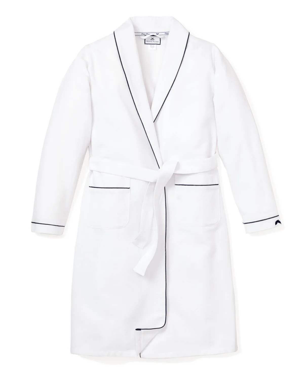 Men’s White Flannel Robe with Navy Piping | Over The Moon