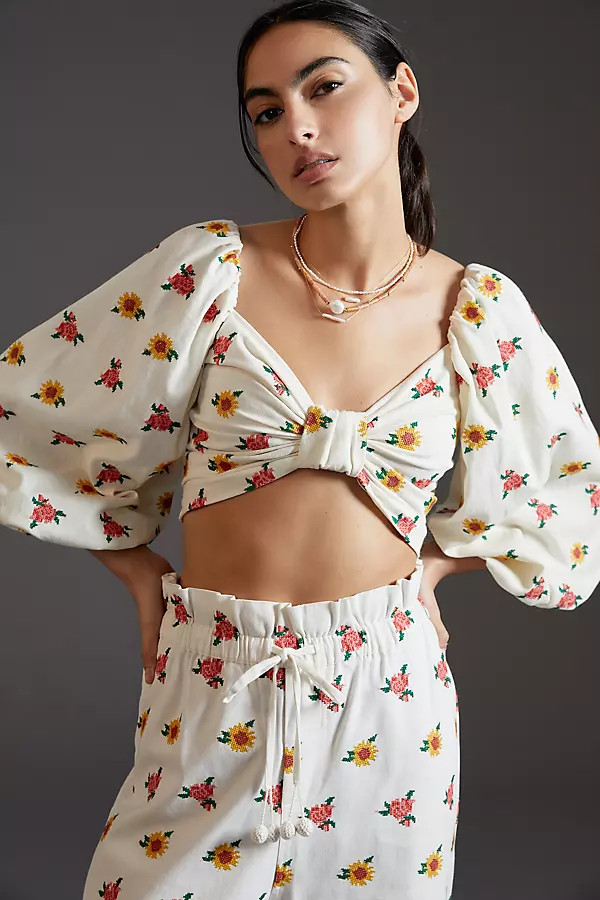Farm Rio Embroidered Flowers Crop Top By Farm Rio in White Size S | Anthropologie (US)
