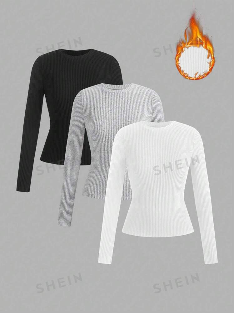 SHEIN EZwear Women Solid Color Knitted Round Neck Long Sleeve Casual Skinny Fit T-Shirt, Multiple... | SHEIN
