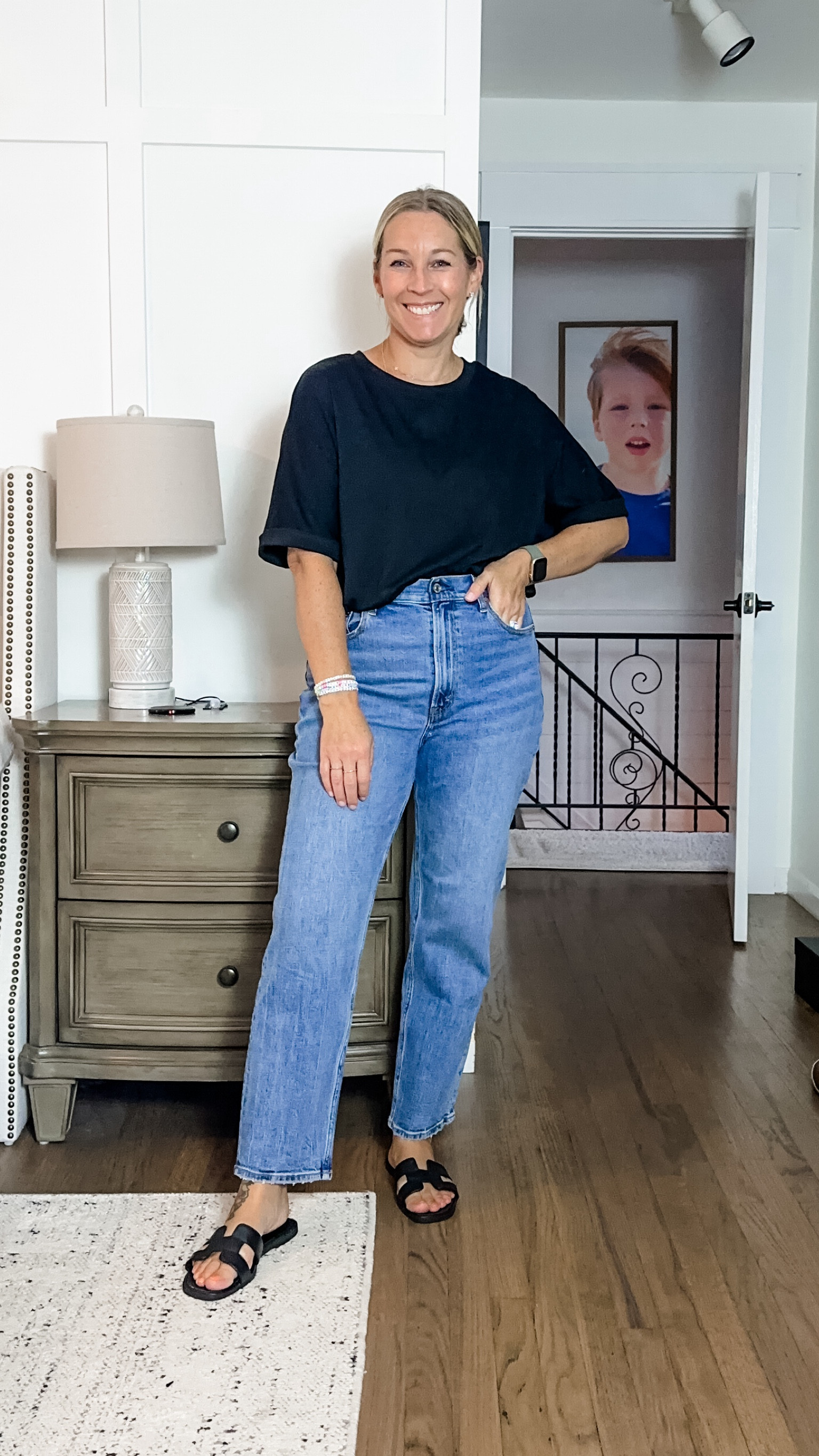 Wore this tonight. So simple, effortless and slightly tailored. I’m in a M t shirt but it’s quite oversized and a small would’ve been perfect. The jeans are a 30 and they’re really comfy with no tightness but they may loosen up a bit with wear. Wondering if a 29 would’ve been better for more shape. Totally preference  

#LTKBacktoSchool #LTKMidsize #LTKOver40