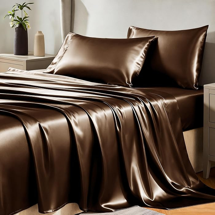CozyLux Satin Sheets Queen Size Bed Set - 4 Piece Silky Queen Sheet Set, Luxury Brown Queen Sheet... | Amazon (US)