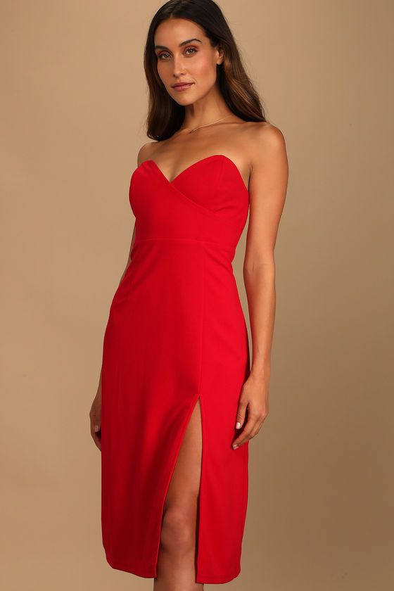 Sizzling Spark Red Strapless Bodycon Midi Dress | Lulus (US)
