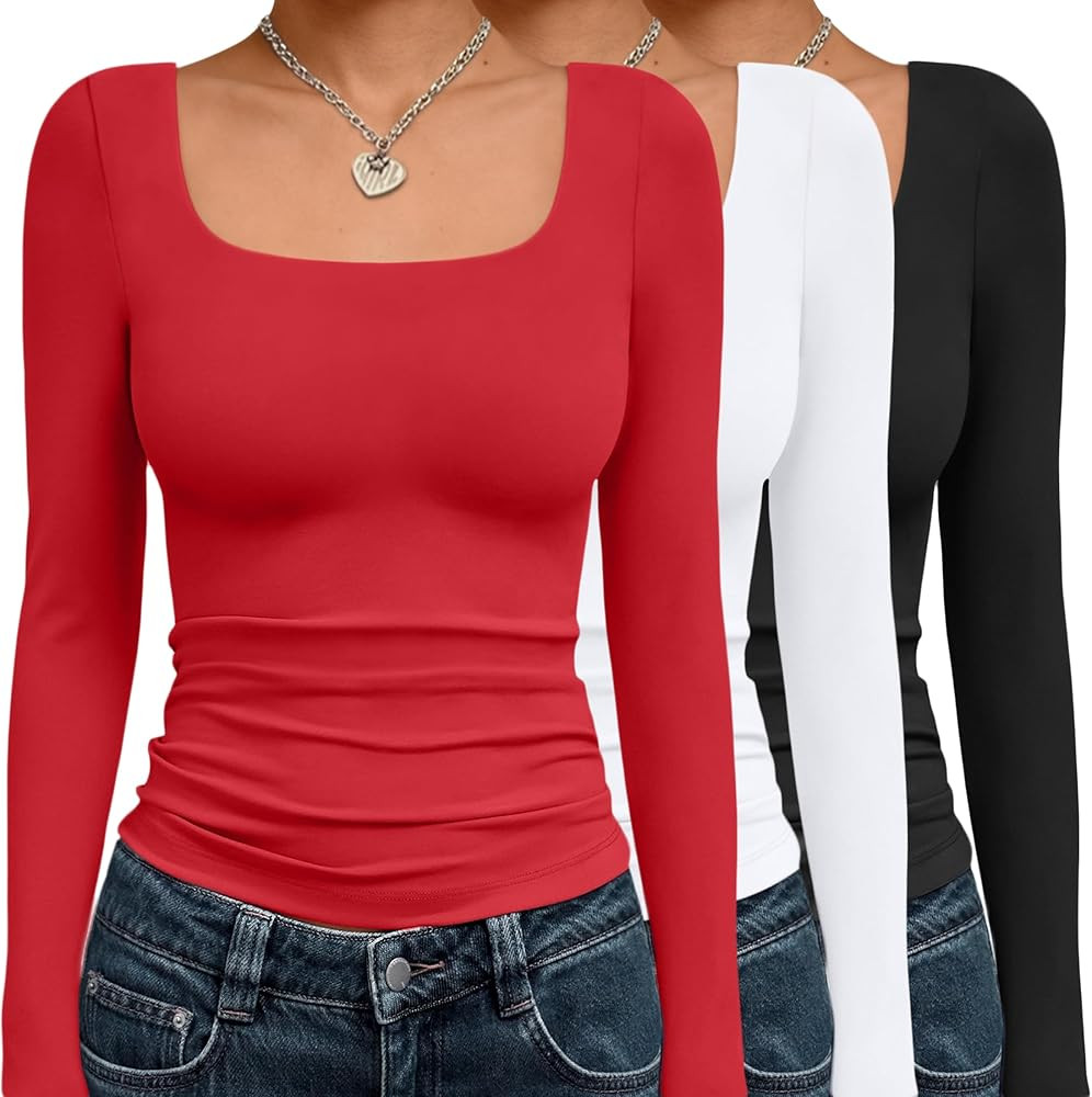 AUTOMET 3 Pack Womens Long Sleeve Shirts Fall Fashion Scoop Neck Crop Tops Basic Layer Slim Fit Y... | Amazon (US)