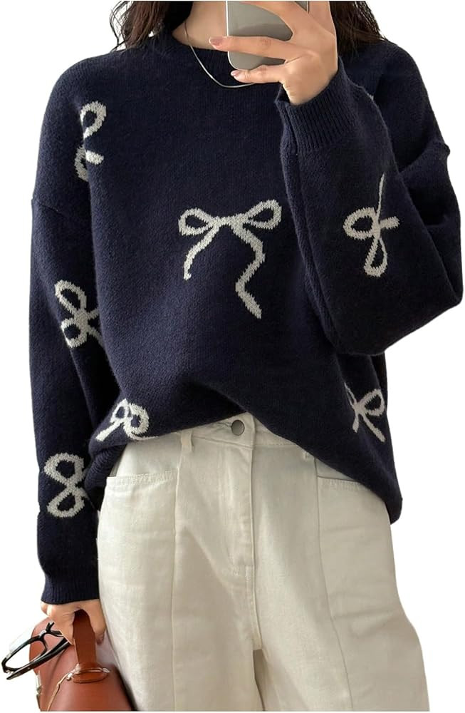 SOLY HUX Oversized Sweaters for Women Y2k Bow Print Crew Neck Drop Shoulder Long Sleeve Knit Pull... | Amazon (US)