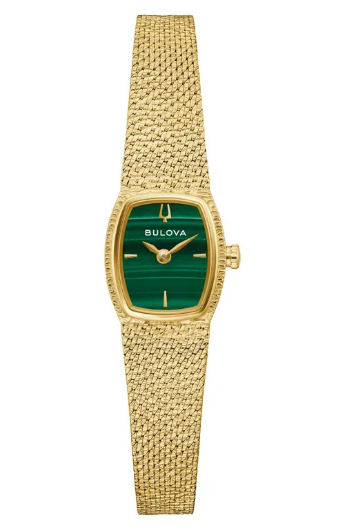BULOVA Goddess of Time Malachite Mesh Strap Tonneau Watch, 17mm in Gold-Tone at Nordstrom | Nordstrom