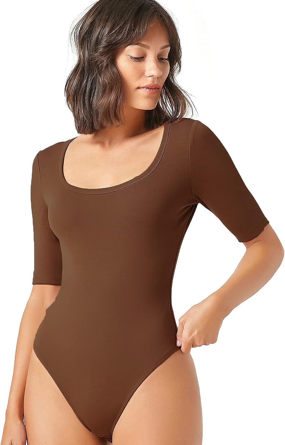 Verdusa Women's Basic Short Sleeve Scoop Neck Jumpsuits Leotard Bodysuit Shirts | Amazon (US)