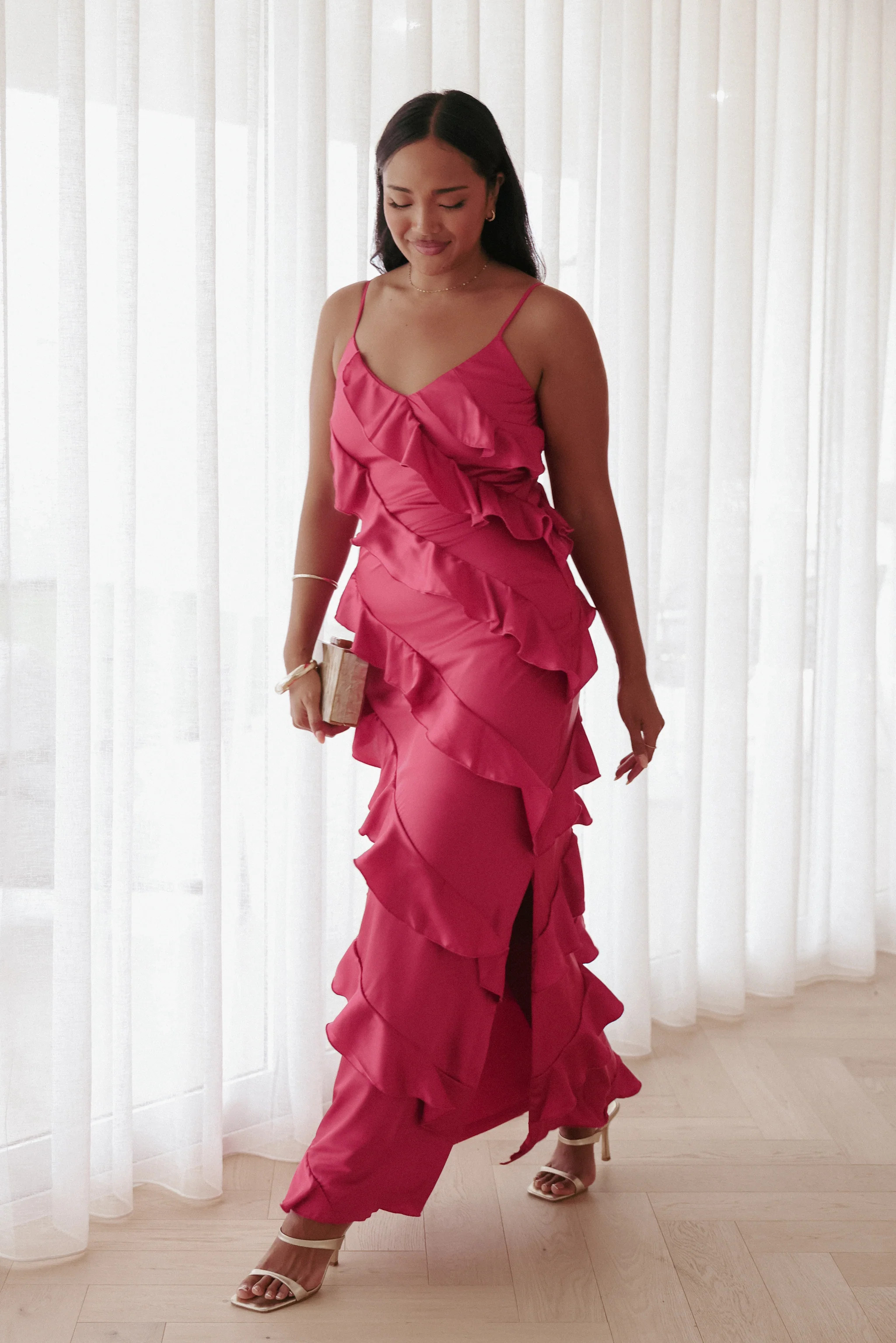 Ciao Ruffles Maxi Satin Dress - Fuchsia | Petal & Pup (US)