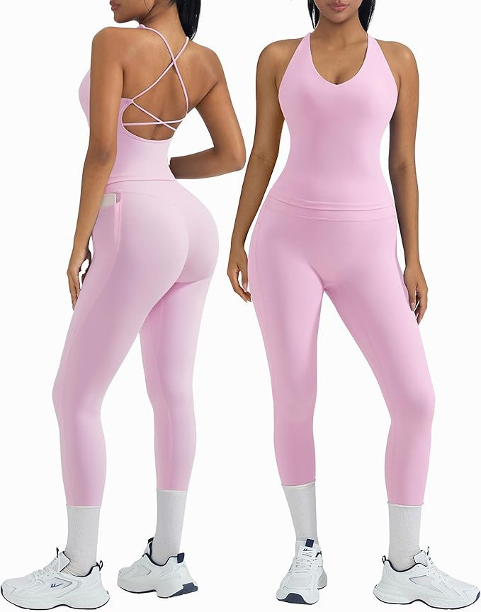 OMKAGI 2 Piece Workout Sets for Women Padded Workout Tops Booty Leggings with Pockets Gym Sets | Amazon (US)