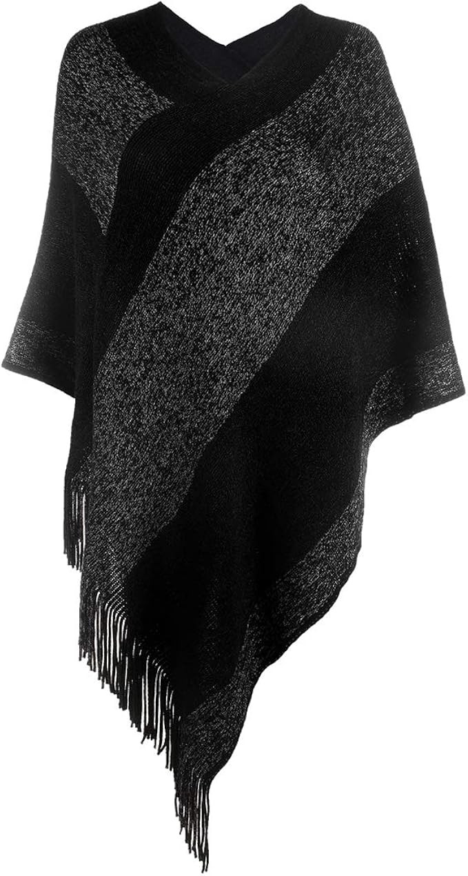 Poncho Women Stripe Sweater Knit Shawl Wrap Lightweight Pullover Cape with Fringes Gifts Accessor... | Amazon (CA)