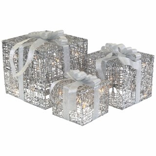 Northlight Set of 3 LED Lighted Silver Glitter Threaded Gift Boxes Outdoor Christmas | Kroger