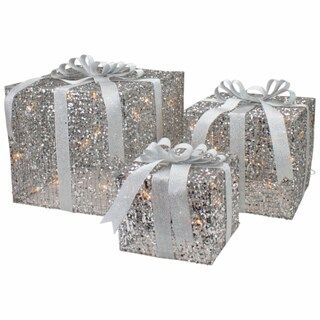 Northlight Set of 3 LED Lighted Silver Glitter Threaded Gift Boxes Outdoor Christmas | Kroger