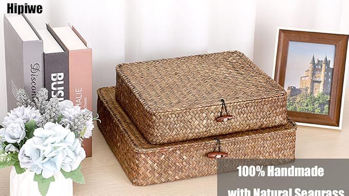 Hipiwe Set of 2 Flat Woven Wicker Storage Bins with Lid Natural Seagrass Basket Boxes Multipurpos... | Amazon (US)