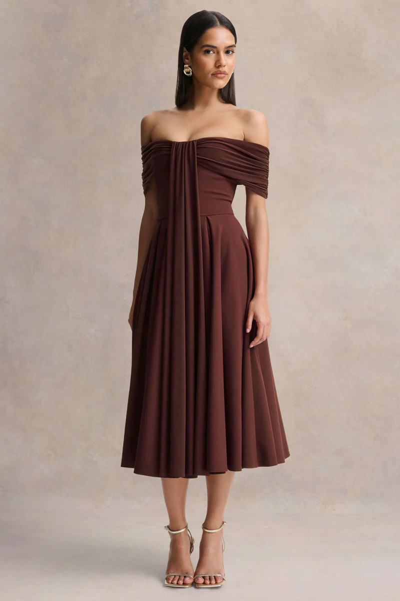 Dearest  Brown Bardot-Neck Midi Dress | Club L London