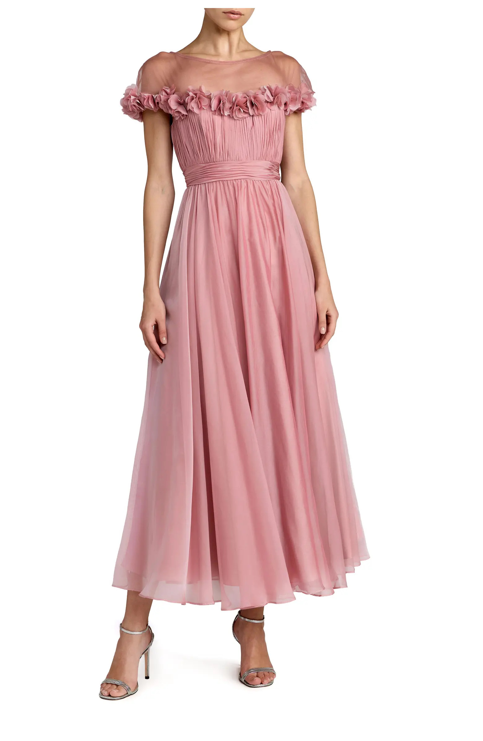 Mac Duggal Chiffon Illusion Neck Midi Dress With 3D Flowers | Nordstrom | Nordstrom