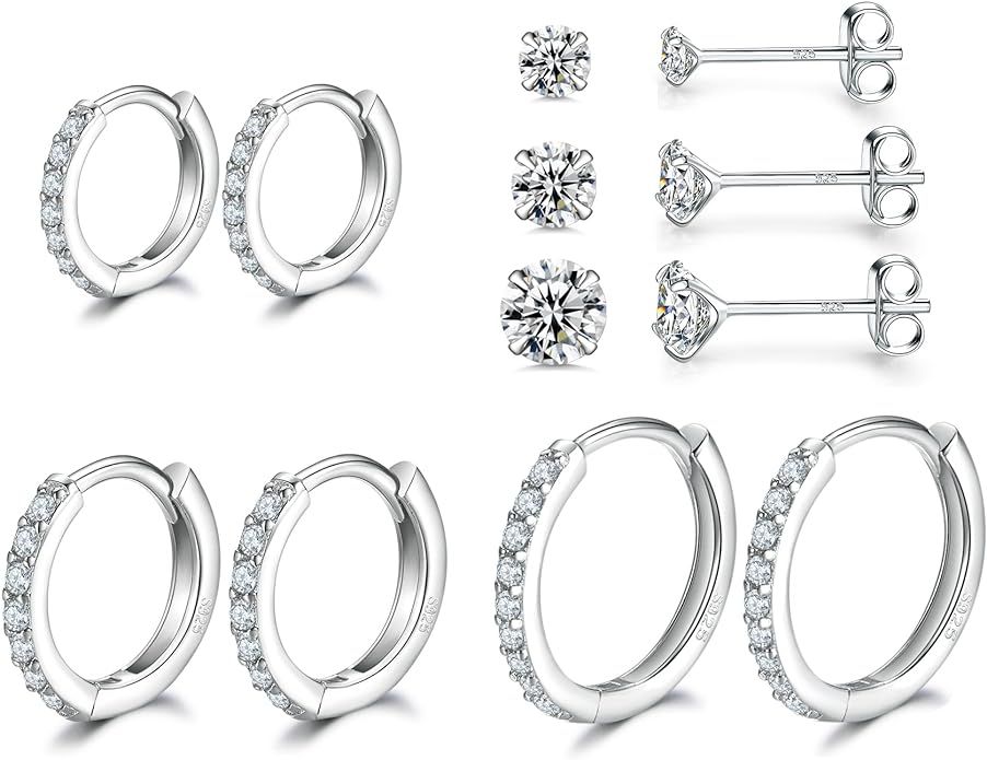 Sterling Silver Hoop Earrings | Sterling Silver Stud Earrings for Women - 6 Pairs Hypoallergenic ... | Amazon (US)